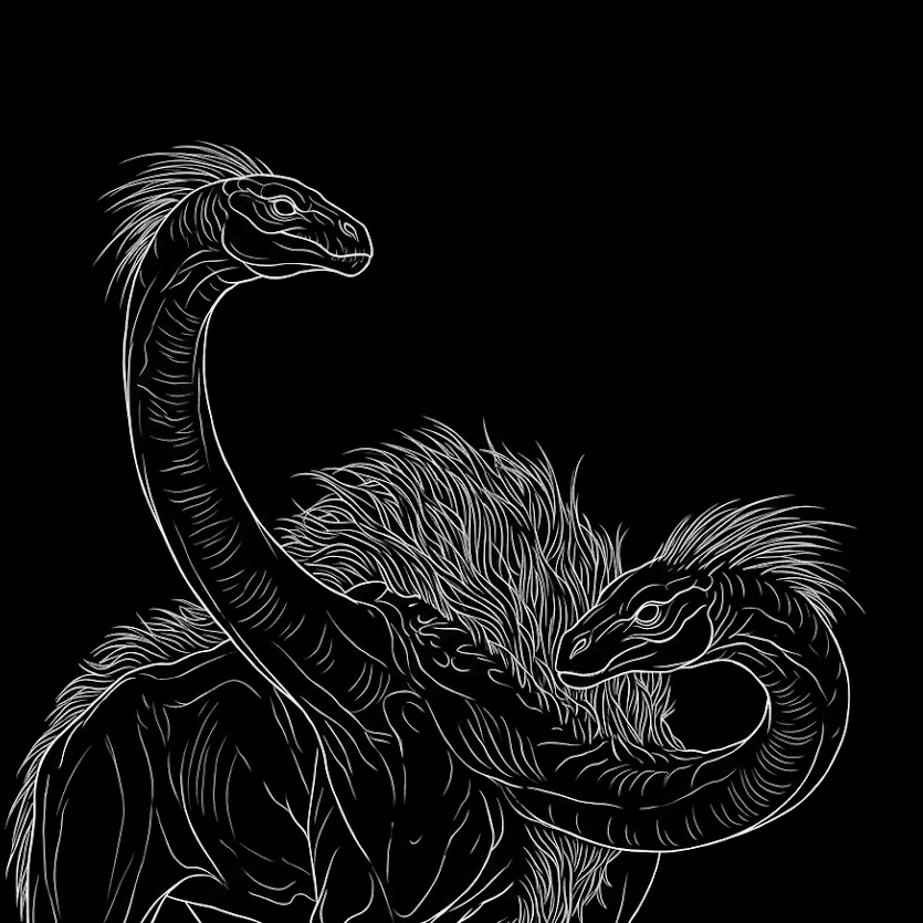 A twin-necked, maned creature in fine white line art on black, its two serpentine heads curving toward each other
